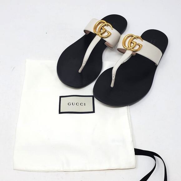 Gucci GG Marmont Thong Flat Sandal Double G In White Gold Leather Size 37 US 7 - Picture 3 of 11